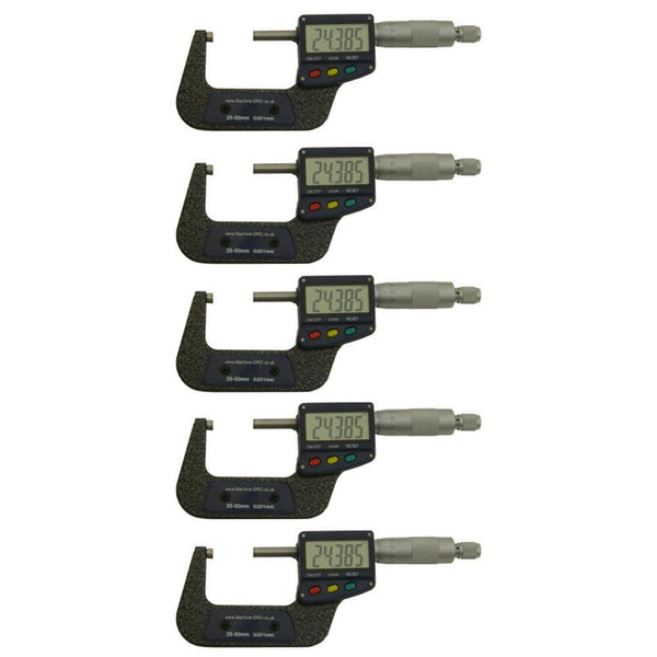 Pack of 5 25-50mm (1-2 inch) External/Outside Digital Micrometer With Large Display