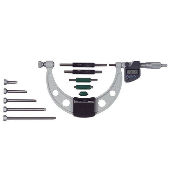 0-150mm (0-6") Mitutoyo Digimatic  Micrometer Set with Interchangeable Contacts - Ratchet Stop