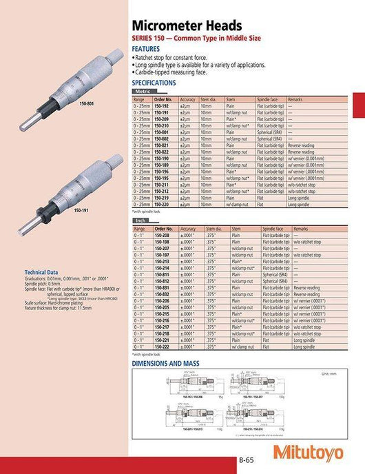 mitutoyo micrometer head 150 190 medium sized standard 0 25mm