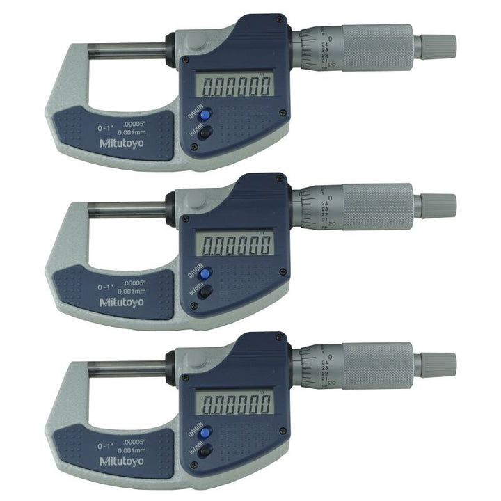 Pack of 3 0-25mm (0-1") Mitutoyo Digital Micrometer  - Ratchet Stop